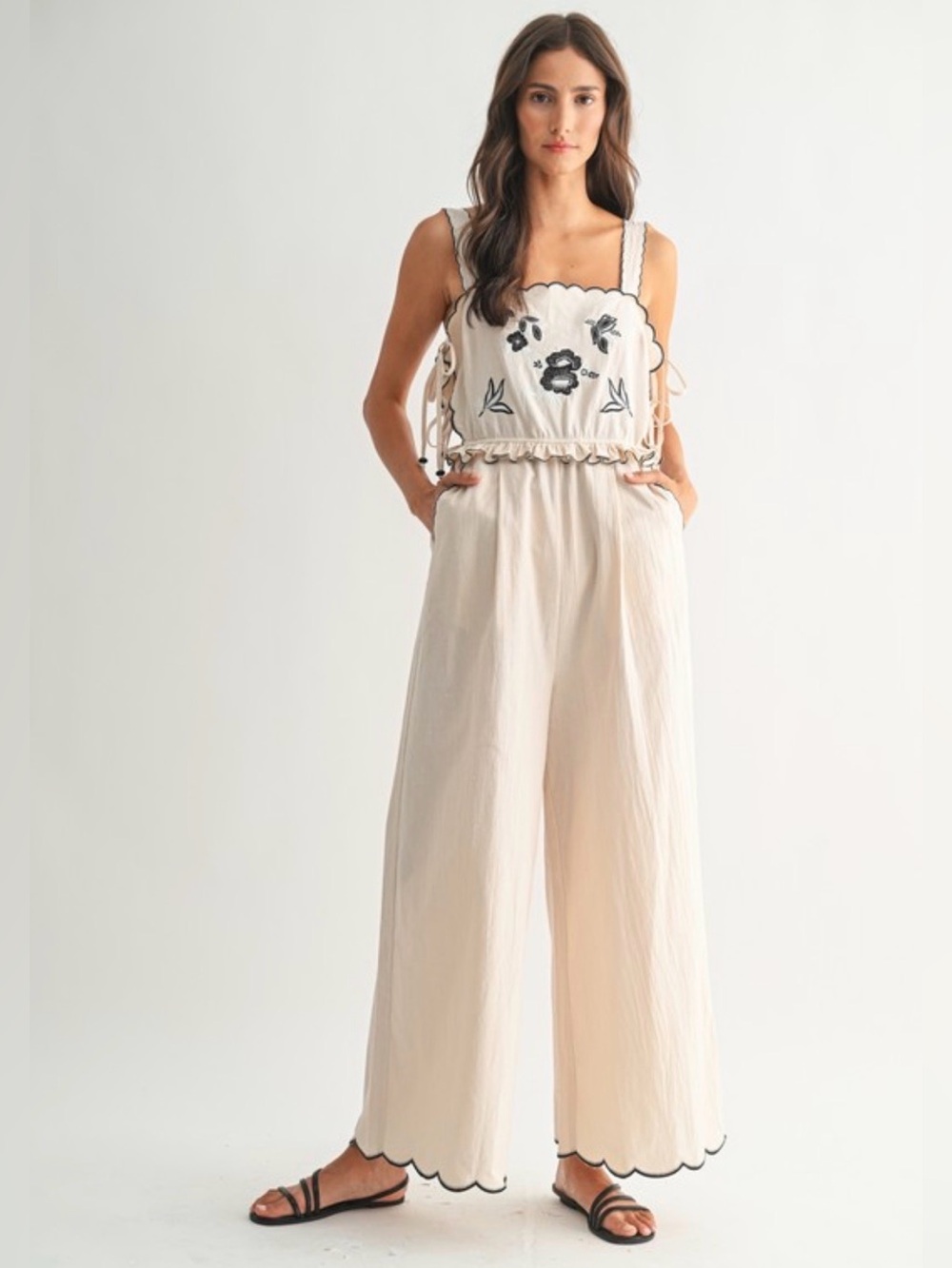 A423. Women’s Cream Wide-Leg Embroidered Jumpsuit